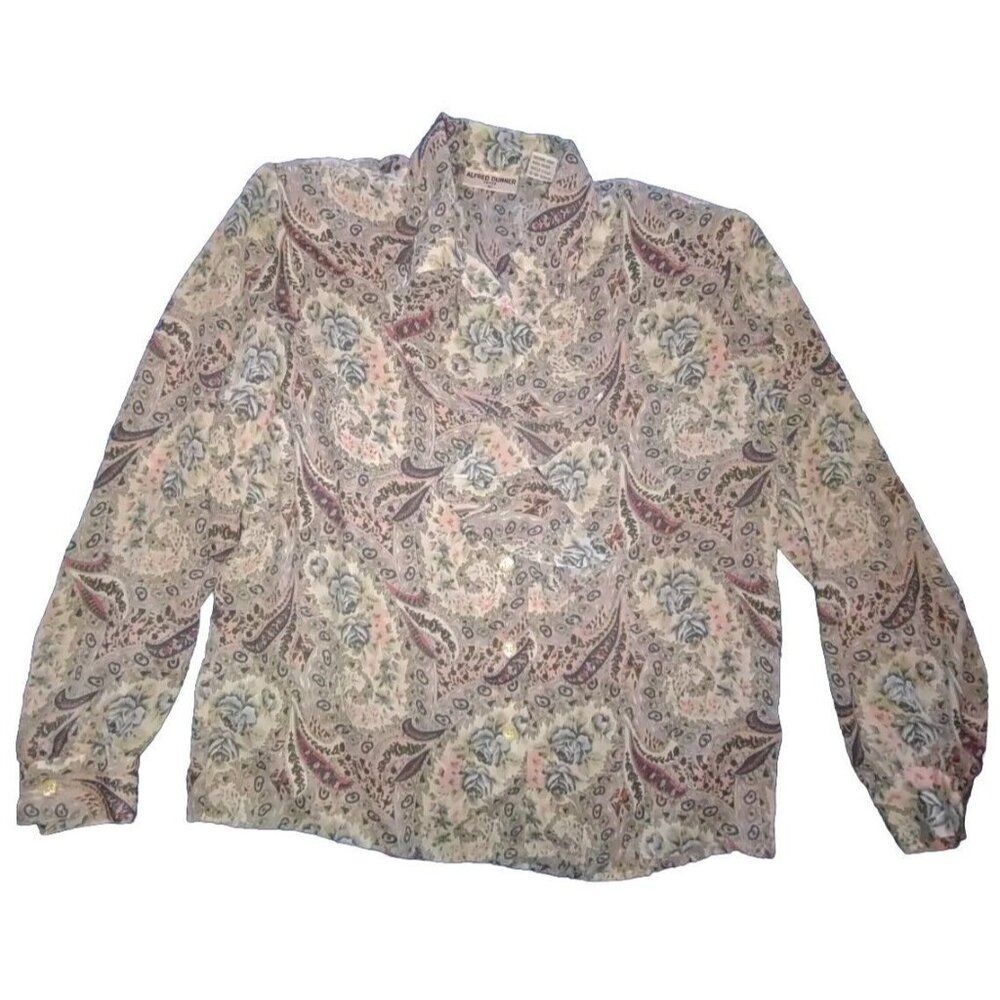 5/$25 EUC Sz 10P Womens Blue Pink Ruffle Neck Blouse Sheer Collared Paisley
